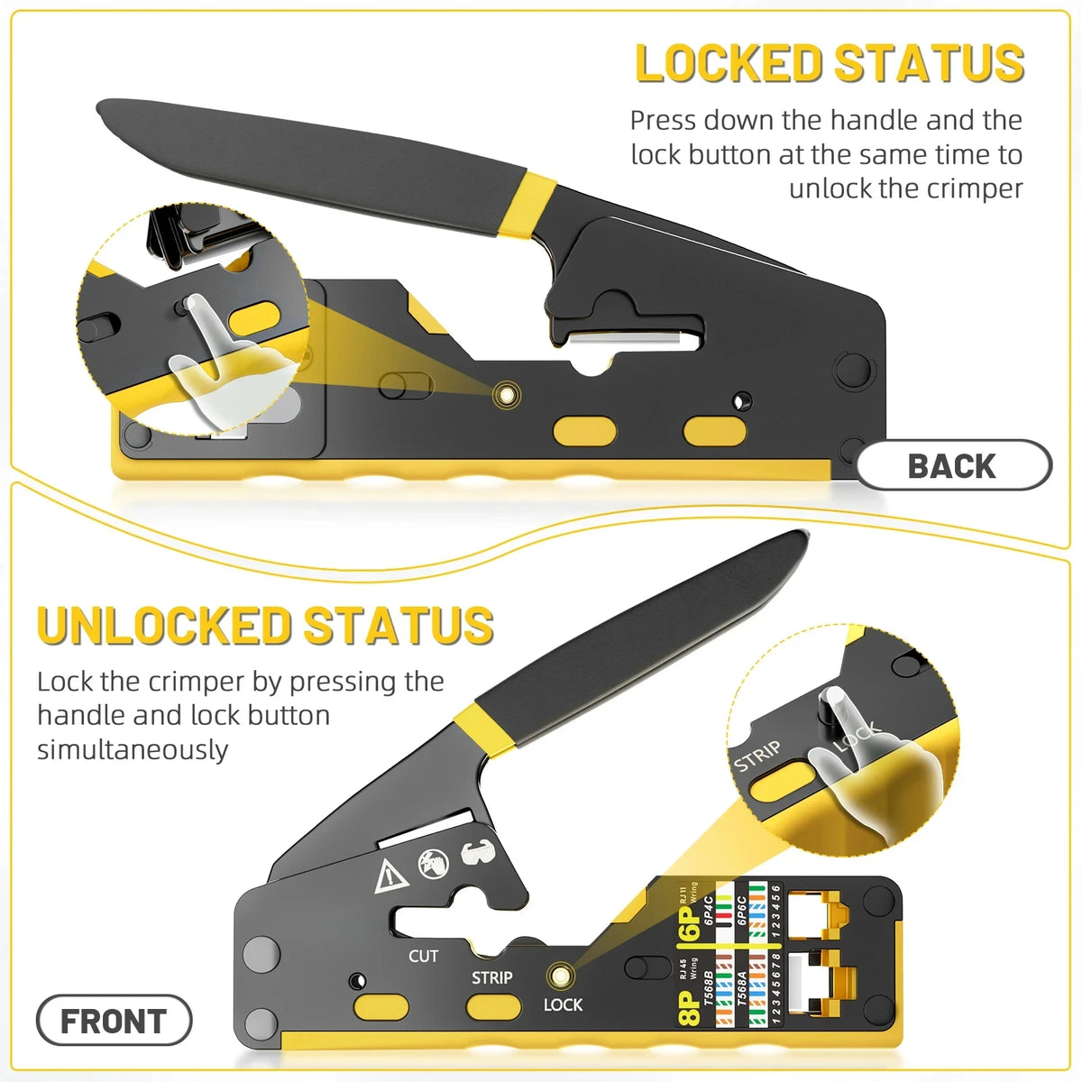 Pass-Through RJ45 Crimp, Cut and Strip Tool
