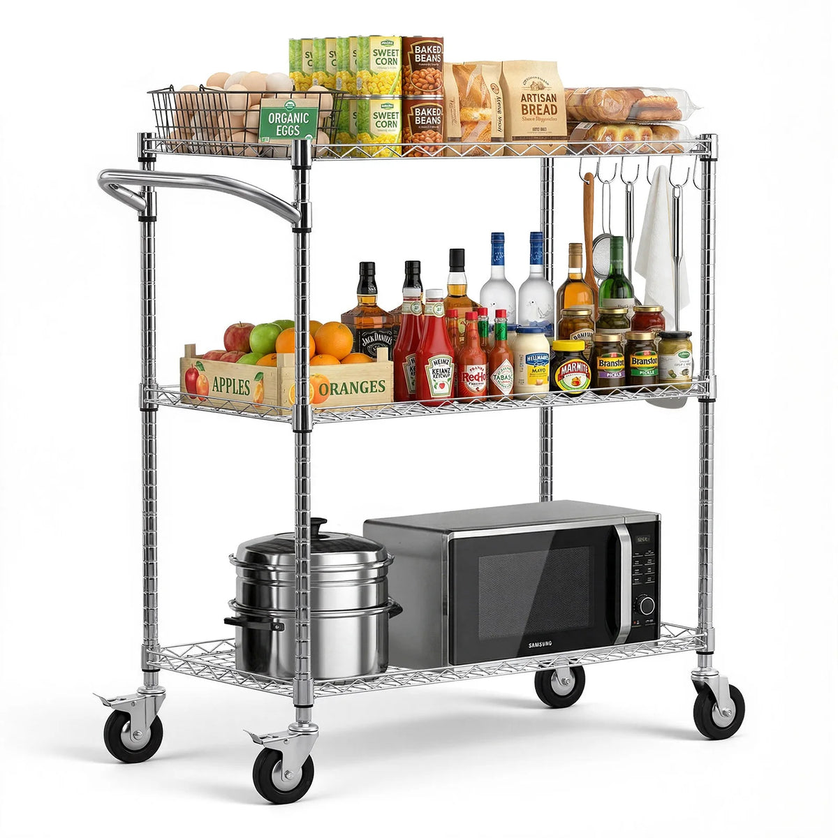 Kitchen Utility Cart 3 Tier Steel Rolling Service Trolley with Handle Bar - Spy-shop.com