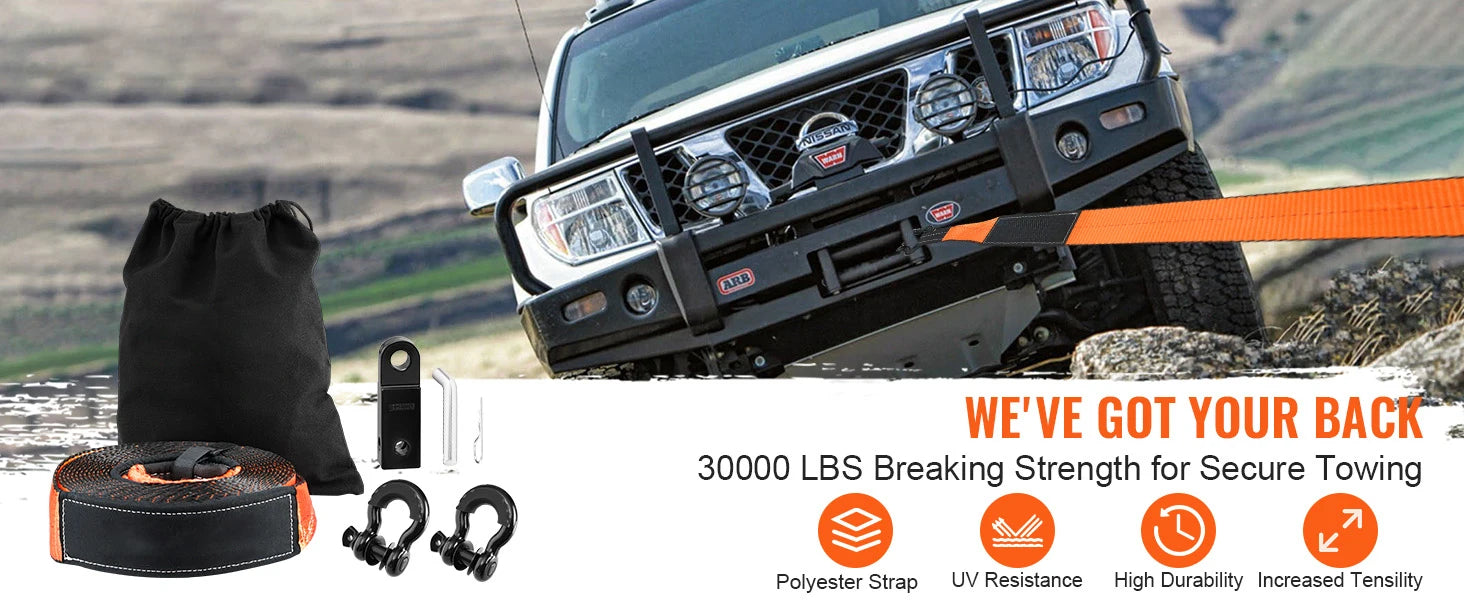 SucceBuy Off-Road Winch Recovery Kit with 3" x 30' Tow Strap & 2 D-Ring Shackles for ATVs Jeeps Off-Road Vehicles Trucks