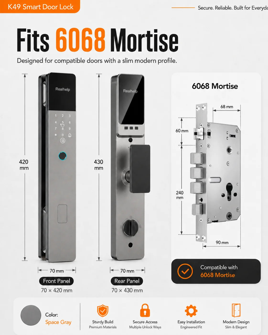 Realhelp K49 Smart Door Lock 6068 Mortise Fingerprint Door Lock PIN Code RFID Card Keyless Entry Electronic Lock 4200mAh Rechargeable Battery Standalone Security for Home Apartment Office EU Warehouse