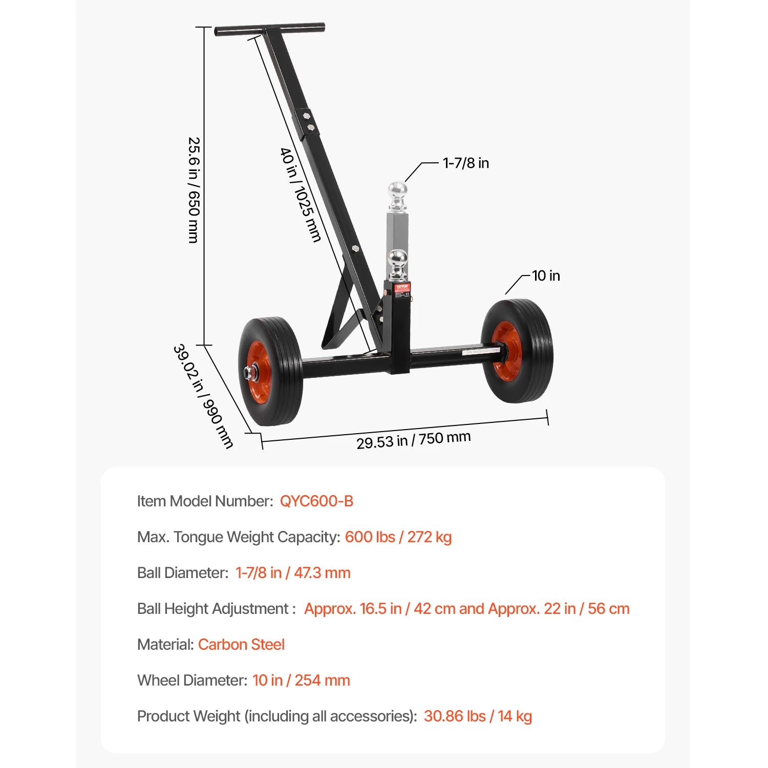Carrello per Rimorchio da 600 libbre con Altezza Regolabile e Sfera di Traino Universale