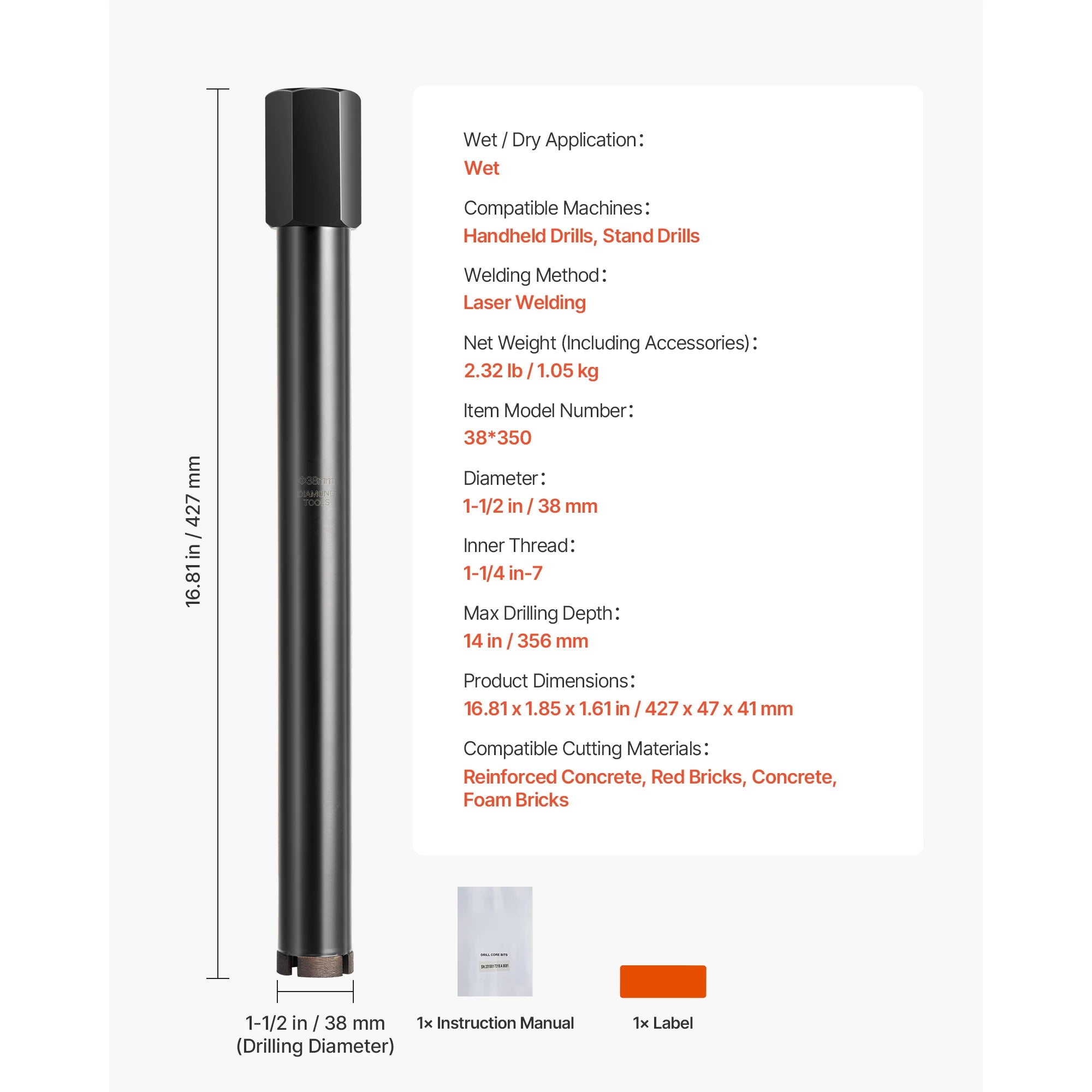 Diamond Core Drill Bit with Adapters for Concrete & Brick Drilling