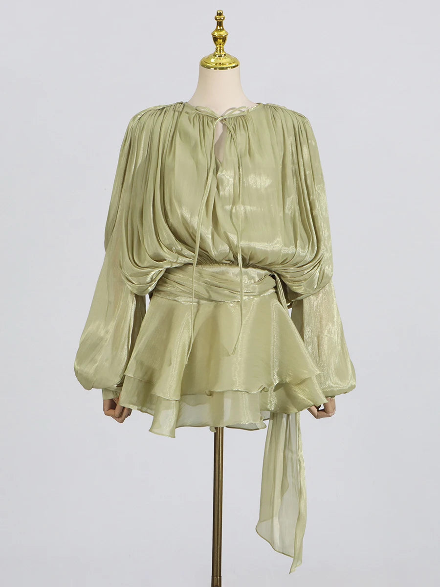 GALCAUR Solid Loose Splicd Lace Up Dresses For Women V Neck Long Sleeves Patchwork Ruffles Tunic Dreses Female Fashio New