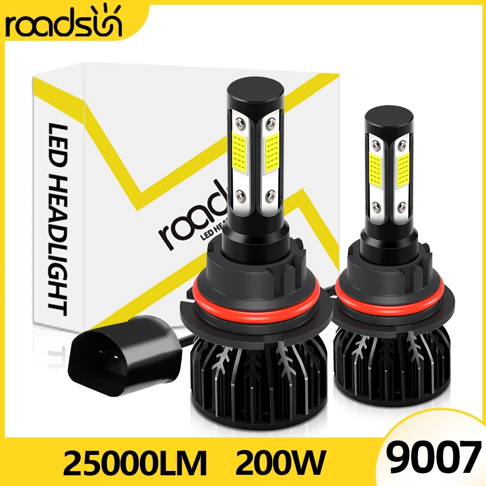 1 set de 4 becuri LED pentru faruri auto cu 4 fețe 9007, 25000LM 200W 9007 HB5 Hi/Lo, becuri pentru far LED auto COB 6000K alb 8000K albastru