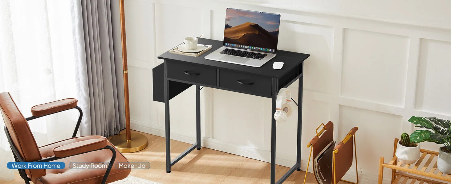 32 Inch Modern Office Desk with Drawers and Side Storage Bag
