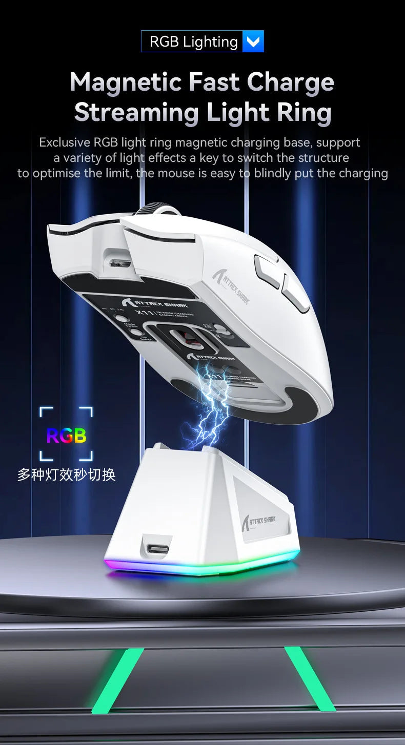 Attack Shark X11 Wireless mouse, three-mode connection 2.4GHz/ wired/Bluetooth PAW3311 22000DPI RGB magnetic charging dock mouse