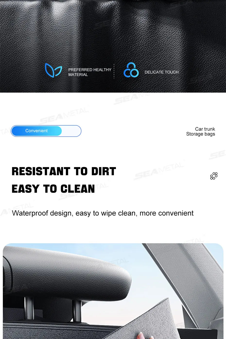SEAMETAL SUV/MPV Trunk Storage Bag Wear-Resistant PU Leather Car Organizer Hook-and-Loop Fastener Auto Seat Back Storage Pouch