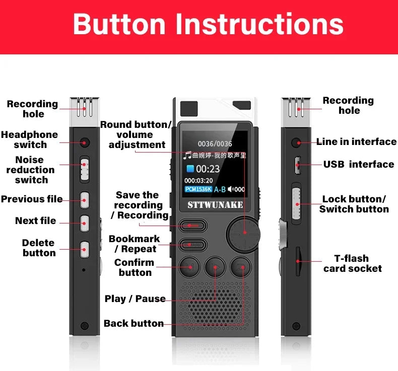 Voice Activation Recorder Dual-Core Ai Noise-Reducing Digital Recording Device STTWUNAKE