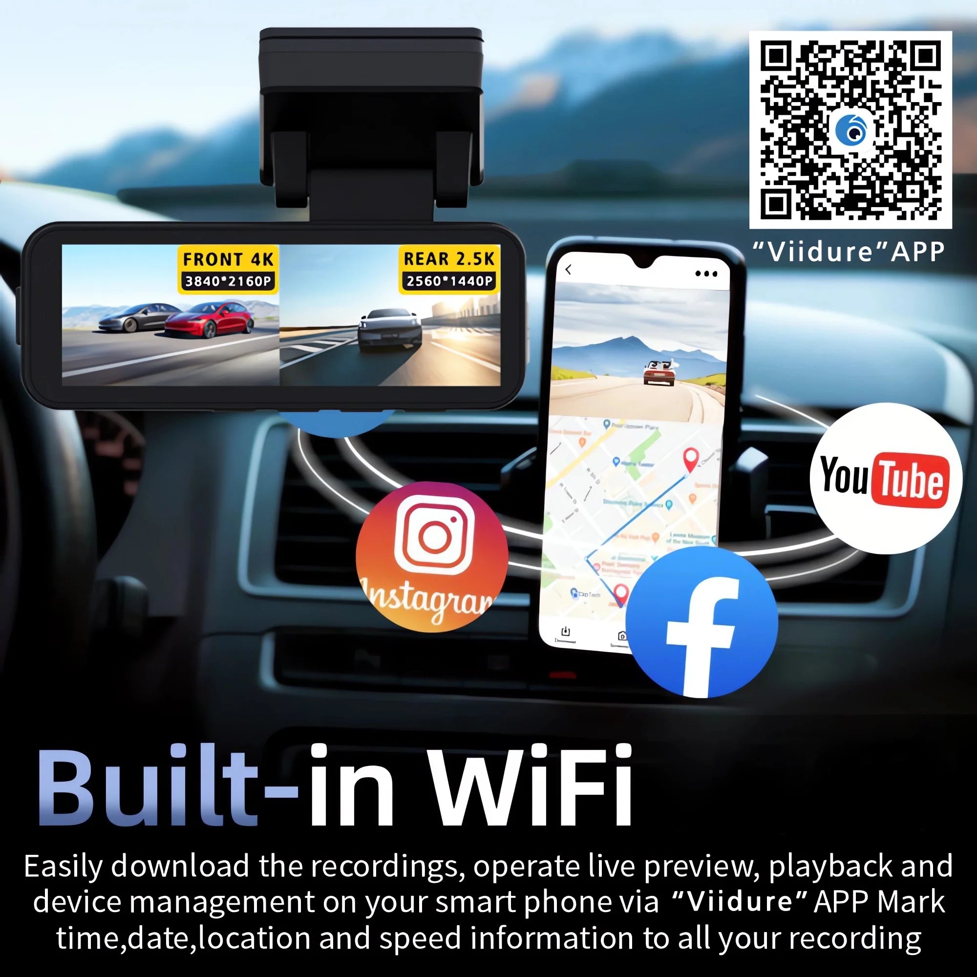 Dash Cam Dual Lens 4K UHD Recording Car Camera DVR Night Vision Video Recorder GPS Wi-Fi Room Black Box 2.5K Rear View Camera