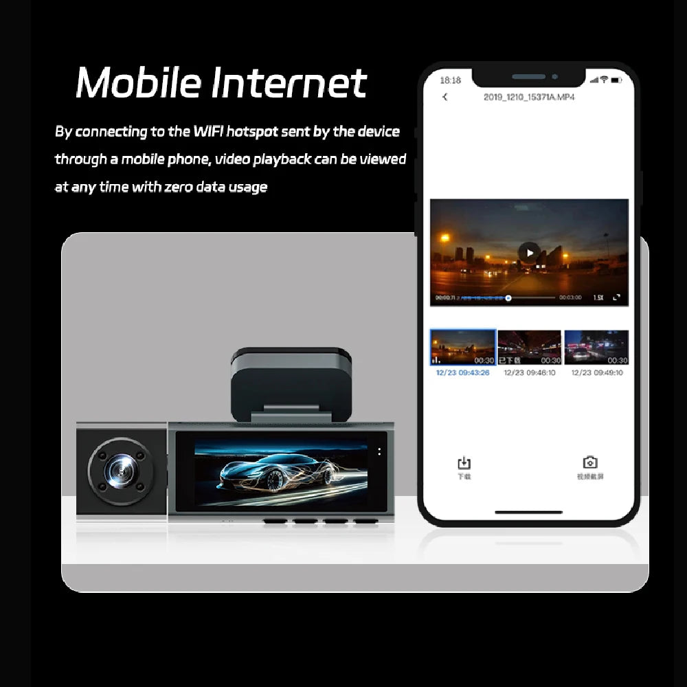 1080P 3-Way WiFi Dash Cam Front Inside Rear with Night Vision