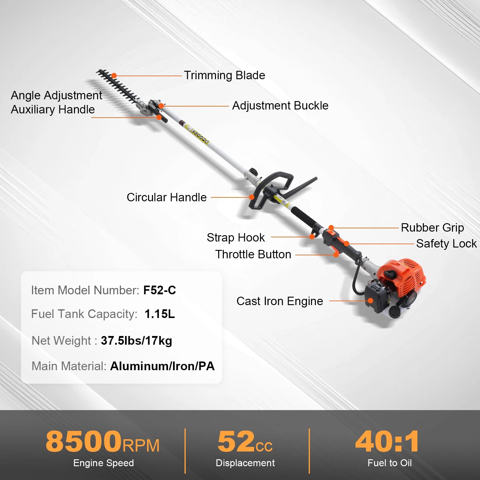52CC 6-in-1 Gas Multi Tool Hedge Trimmer Brush Cutter Kit