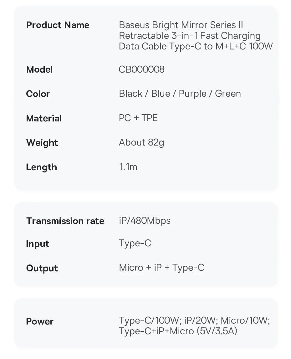 Vysúvací 100W 3v1 USB-C nabíjací kábel pre notebook a telefón
