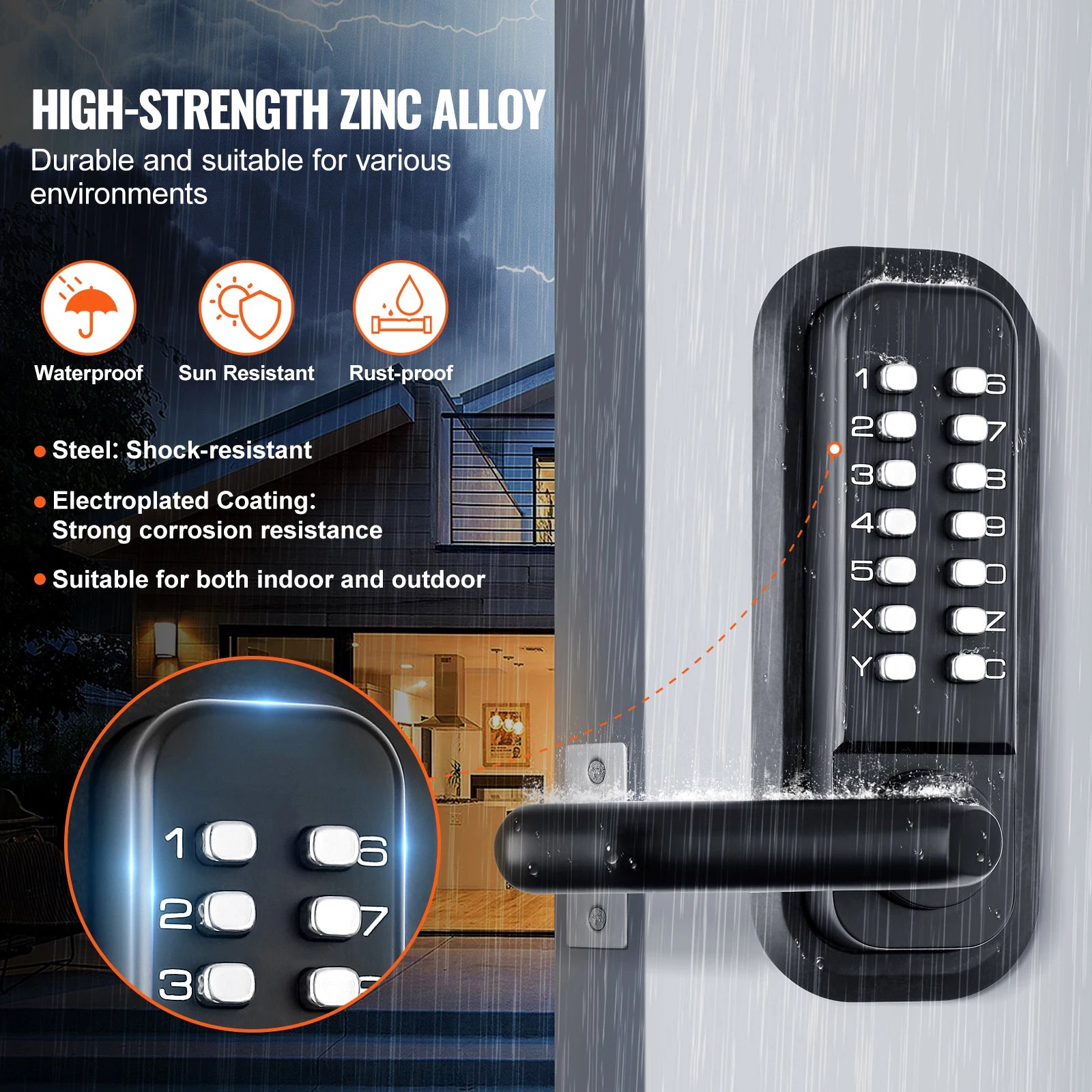 Mechanical Keyless Door Lock with 14-Digit Keypad, Auto-Locking