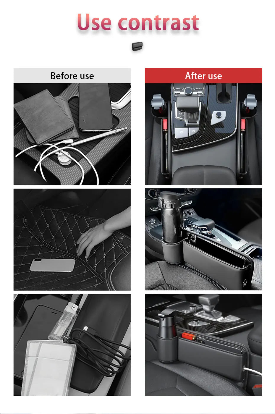 SEAMETAL Car Seat Gap Organizer with Cup Holder Wear-Resistant PU Leather Center Console Storage Bag Universal Seat Gap Filler