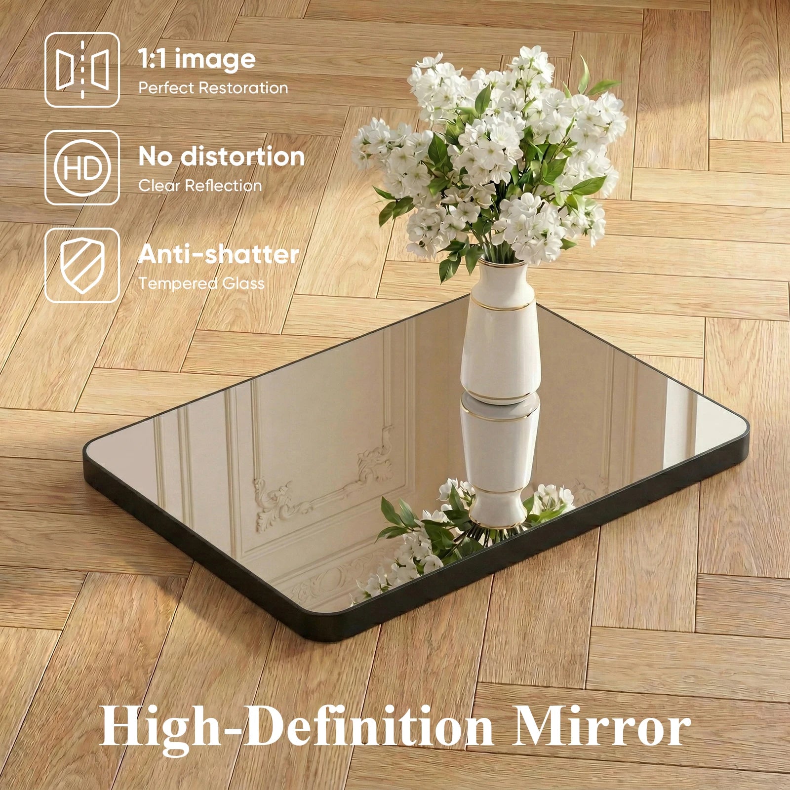 Rounded Rectangle Wall Mirror with Metal Frame, Tempered Glass