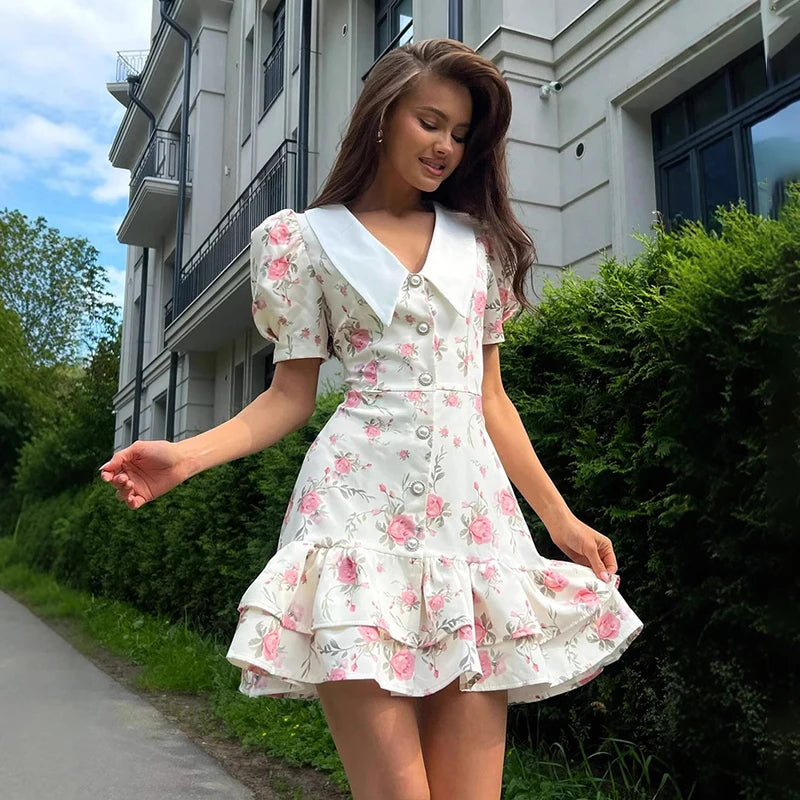 Tornova Print Puff Sleeves Ruffled Dress Women's V-Neck High Waist Pearl Buttons Mini Dress Female Casual Vacation Fashion Dress