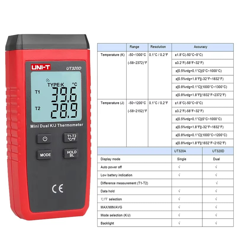 UNI-T UT320A UT320D Digital Thermometer Mini Dual Contact Thermocouple Type K J High Temperature Meter Tester -50℃ to 1200℃