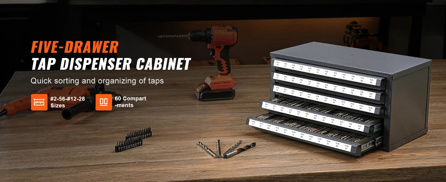 Steel Drill Bit Organizer Cabinet with Drawers and Labeled Compartments