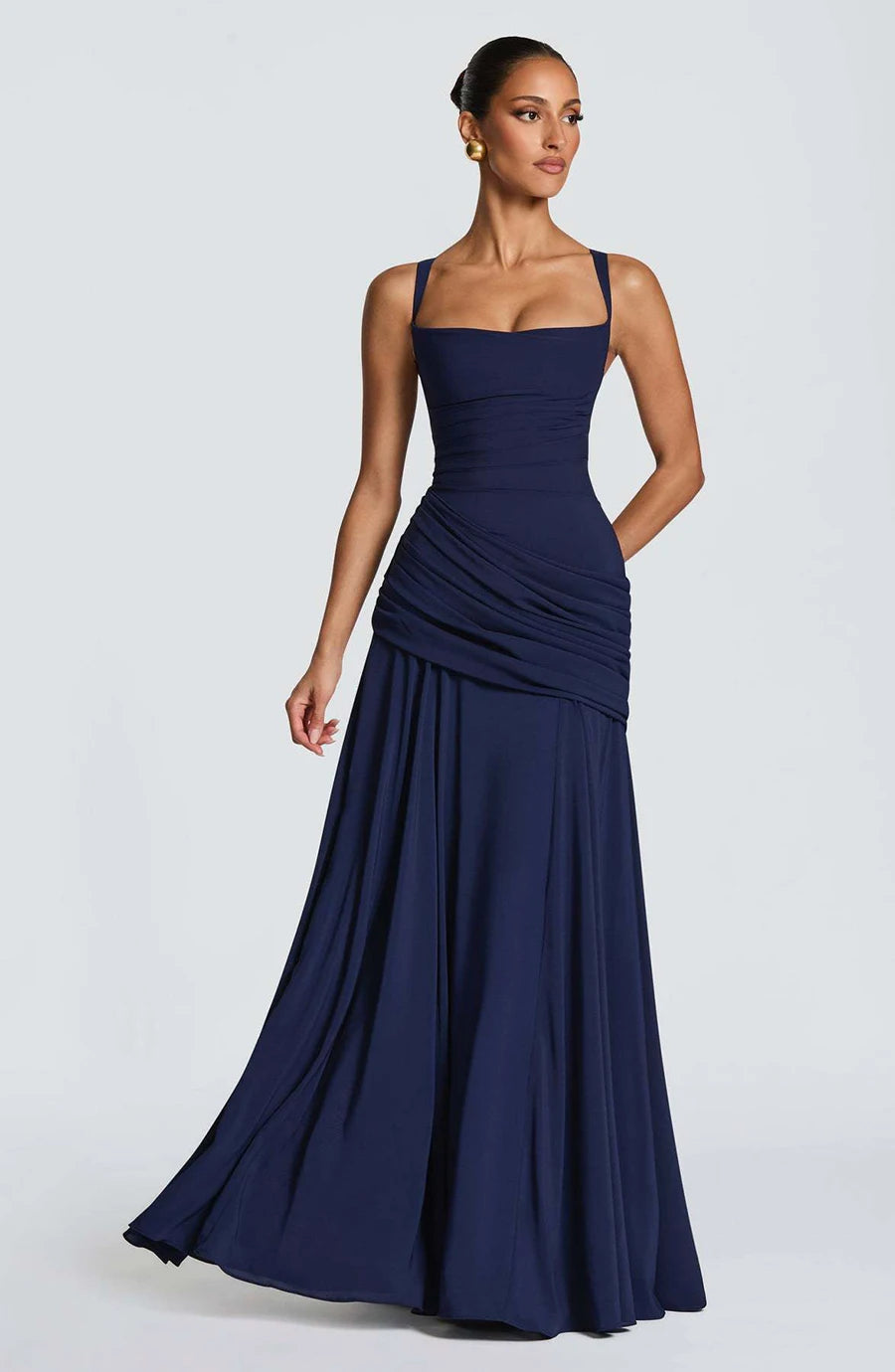 Women’s Elegant Ruched Backless Maxi Dress with Square Neck