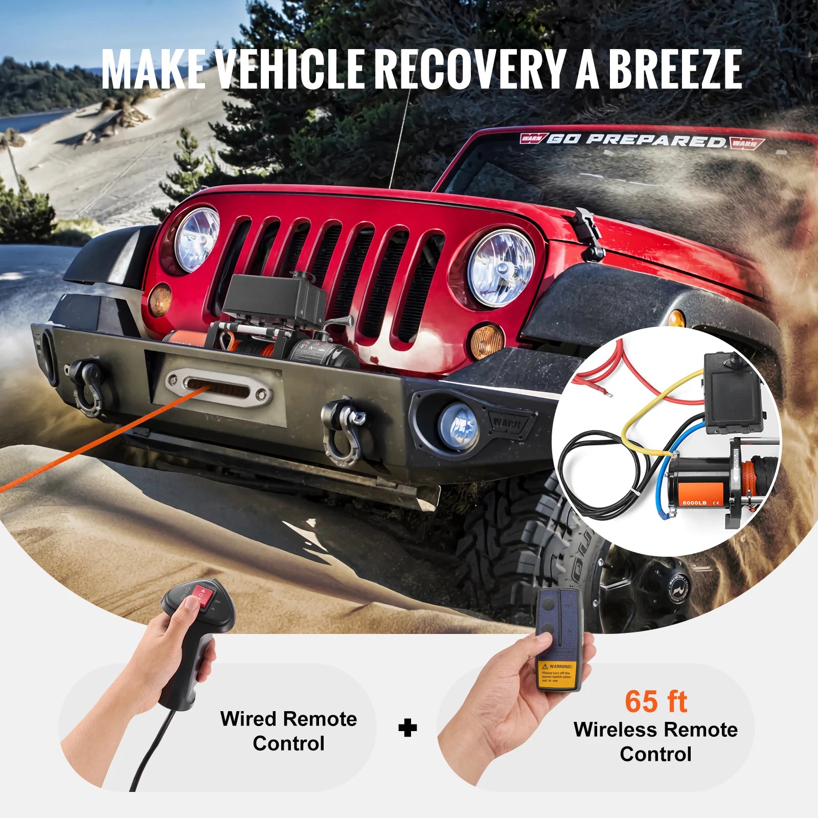 SucceBuy: verricello elettrico da 6000 libbre per auto/picco camion con fune sintetica da 1/4 pollici di 55 piedi, wireless o cablato, per traino SUV, Jeep, rimorchio, barca