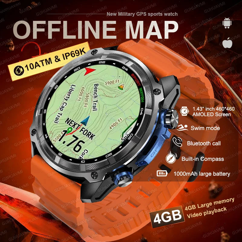 GPS Smartwatch with Offline Maps, AMOLED Display & 4GB Memory