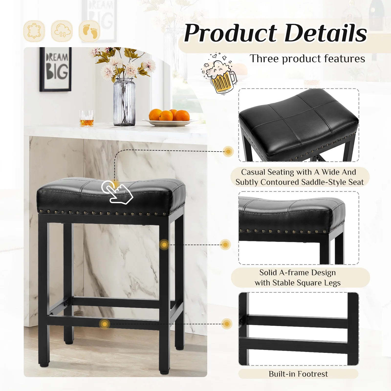 Adjustable PU Leather Saddle Bar Stools with Metal Base