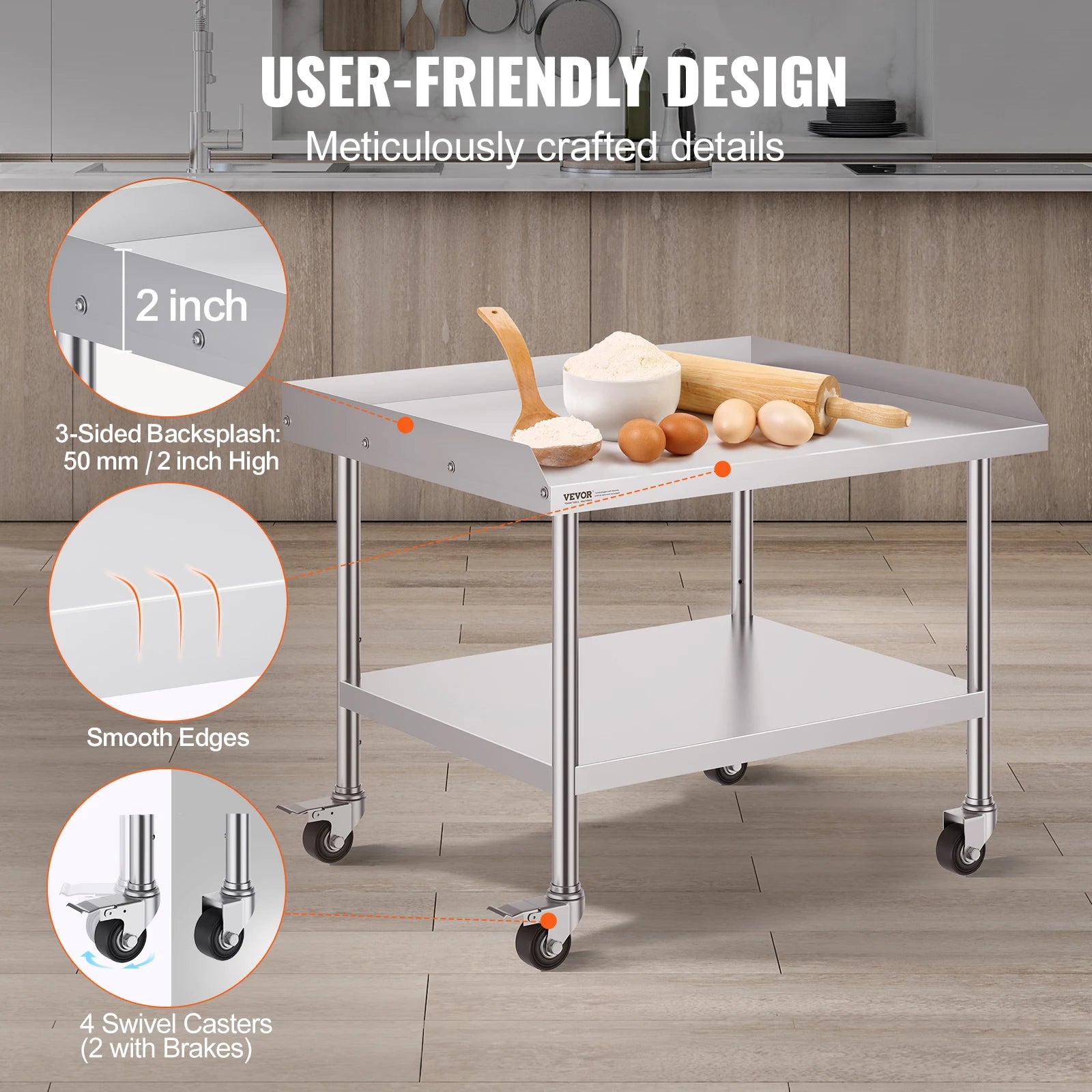 Stainless Steel Work Table with Wheels and Adjustable Shelf