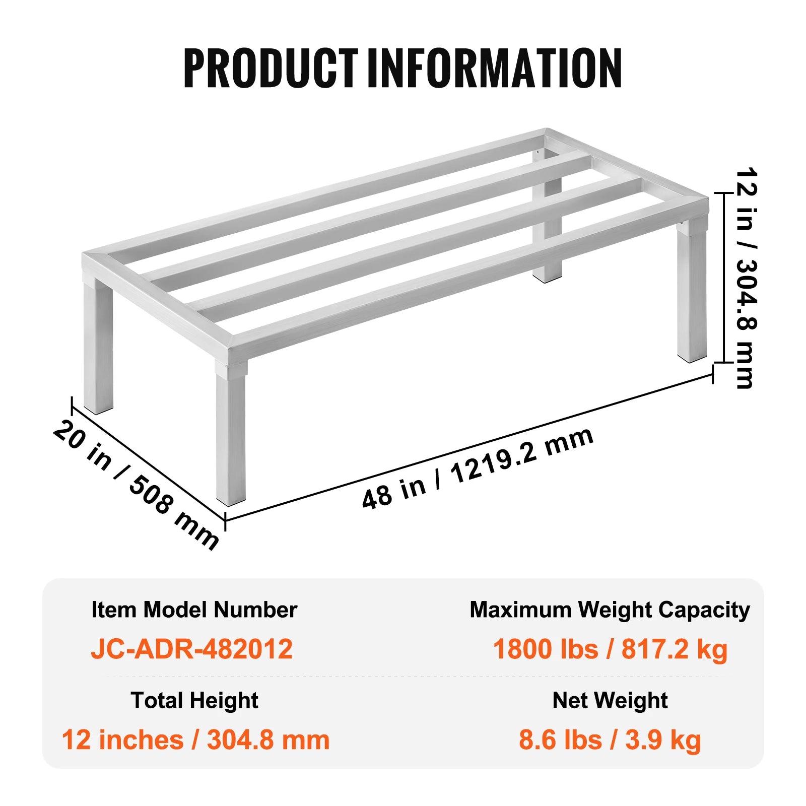 Ράφι Αλουμινίου για Αποθήκευση Βάρους 1800 lb, 8" Ύψος από το Δάπεδο