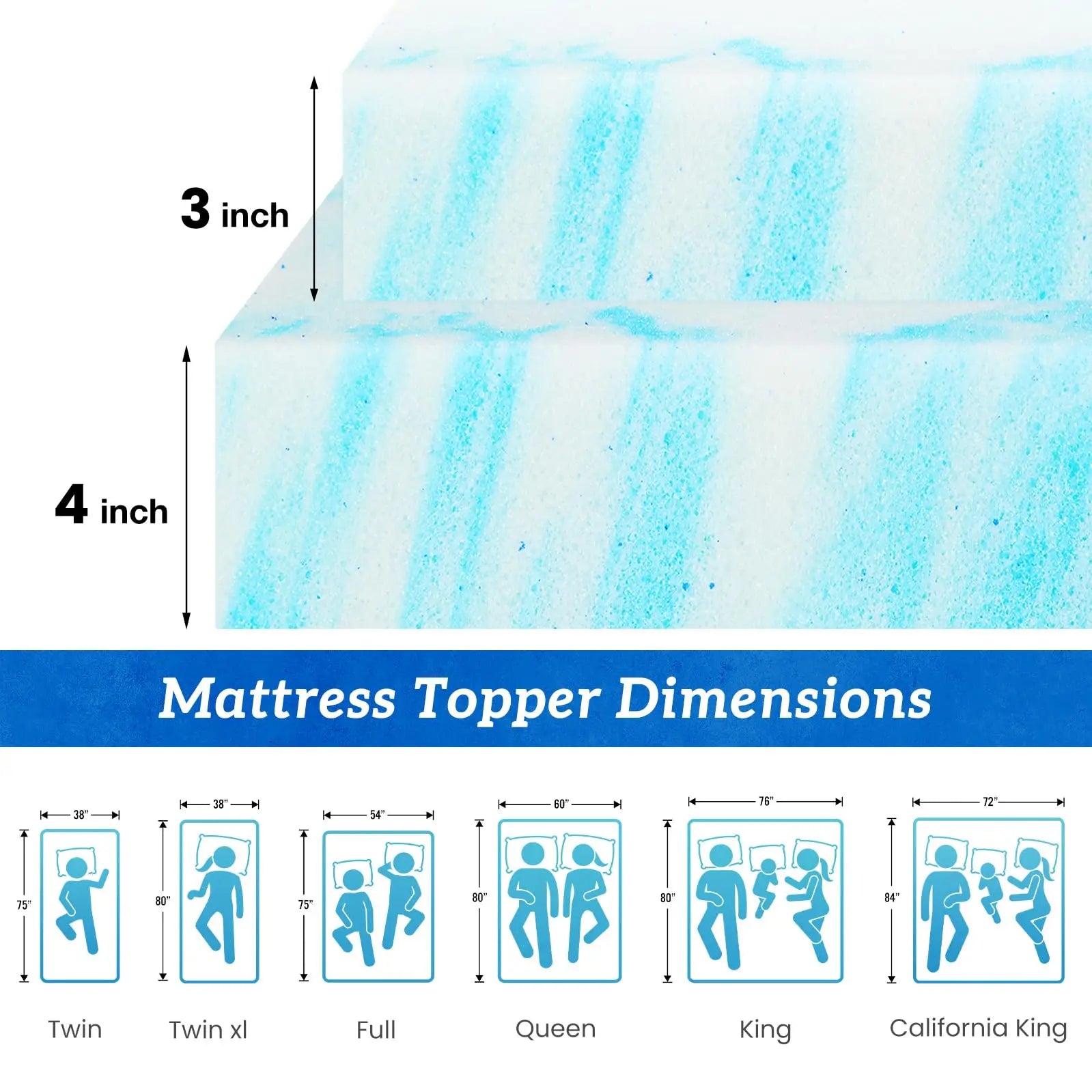 Memory Foam Gel Kølende Madras Topmadras 2-4 Tommer Blød Åndbar Komfort