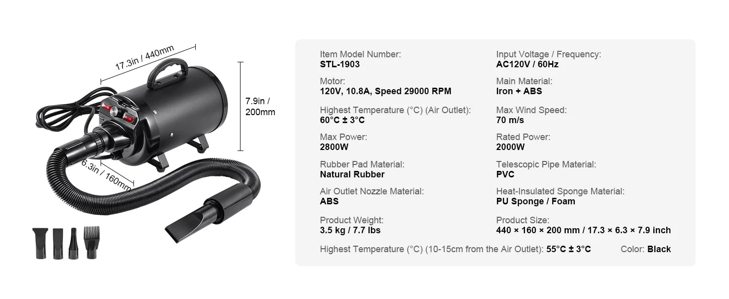 2000W/2.7HP Dog Blow Dryer with Adjustable Speed