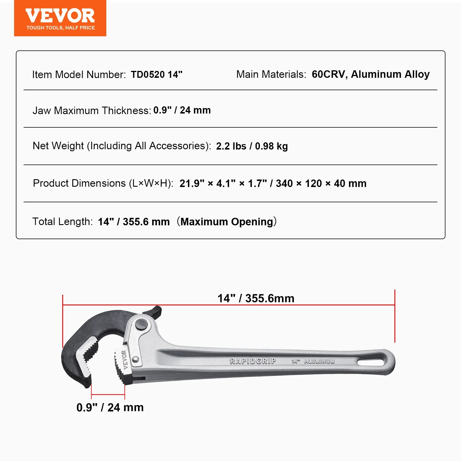 24" Aluminum Pipe Wrench Adjustable 4.1" Jaw Heavy-Duty Grip