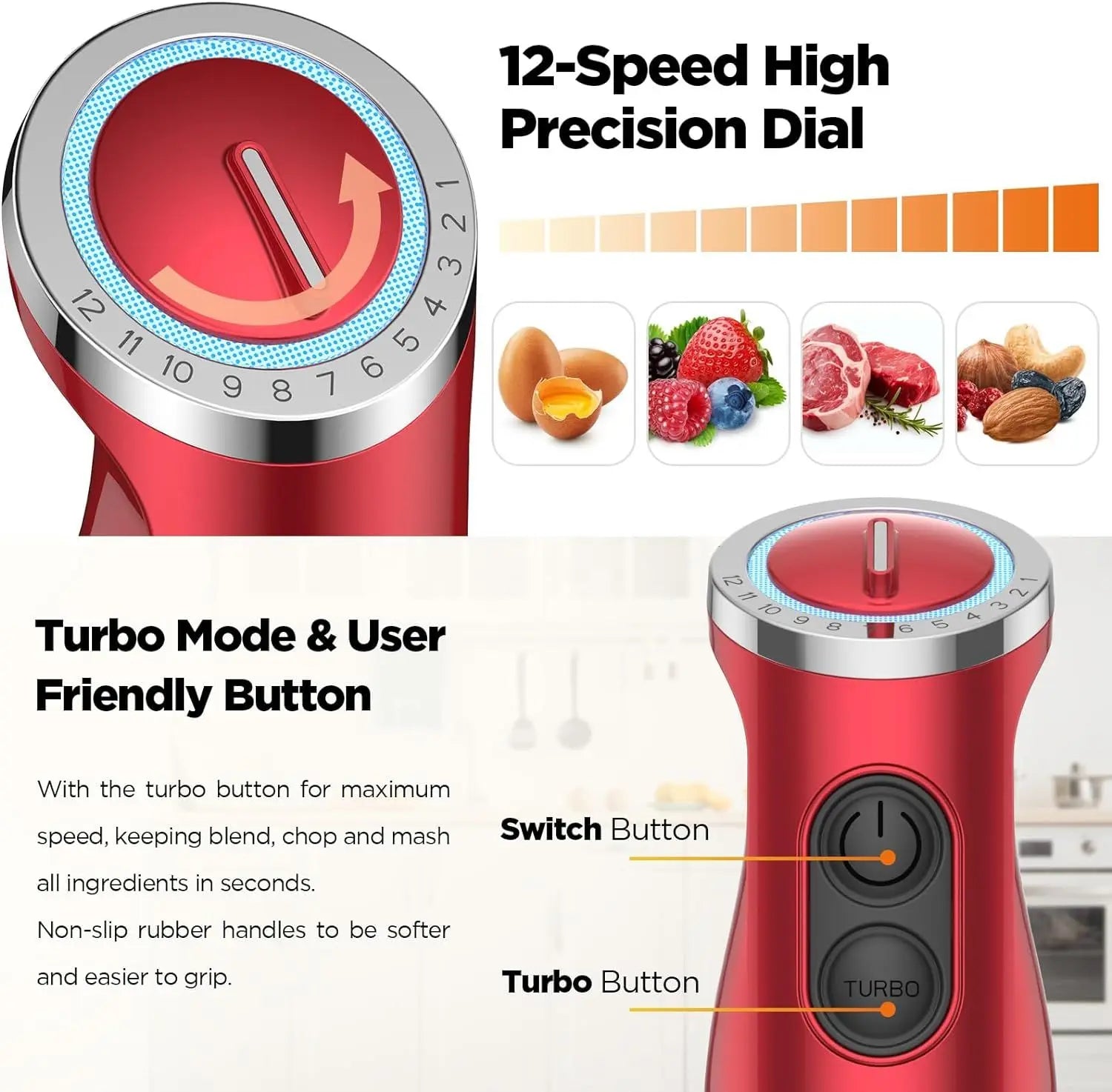 5-in-1 Hand Immersion Blender, 1000W 12 Speed Handheld Blender, Copper Motor Stainless Steel Blade Stick Blender,600ml Mixing Beaker,500ml Food Processor, Whisk, Milk Frother, BPA-Free, Red