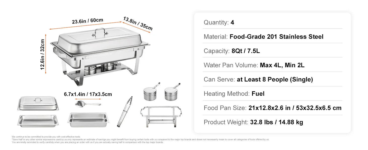 8QT Chafing Dish Buffet Set with Full Pans & Fuel Holders