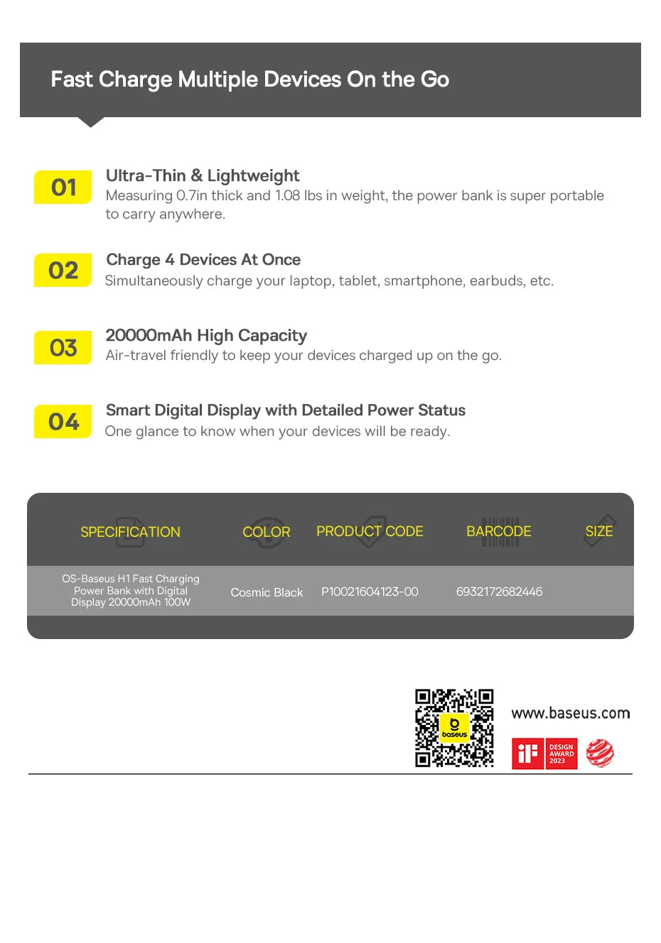 100W Power Bank 20000mAh Fast Charging for Laptops & Phones