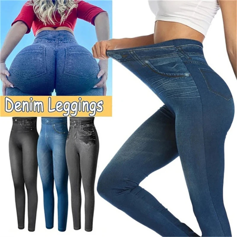 Ultra High Stretch Denim Inspired Leggings for Women High Waist Slim Fit Lifted Buttocks Tight Pants for Women