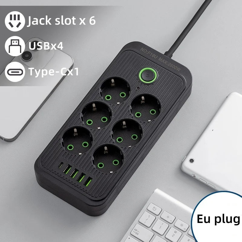 مقبس كهربائي ذكي متعدد المنافذ بقابس EU مع 6/8 فتحات EU و4 منافذ USB Type C وحماية من اندفاع التيار ومحول شحن الهاتف