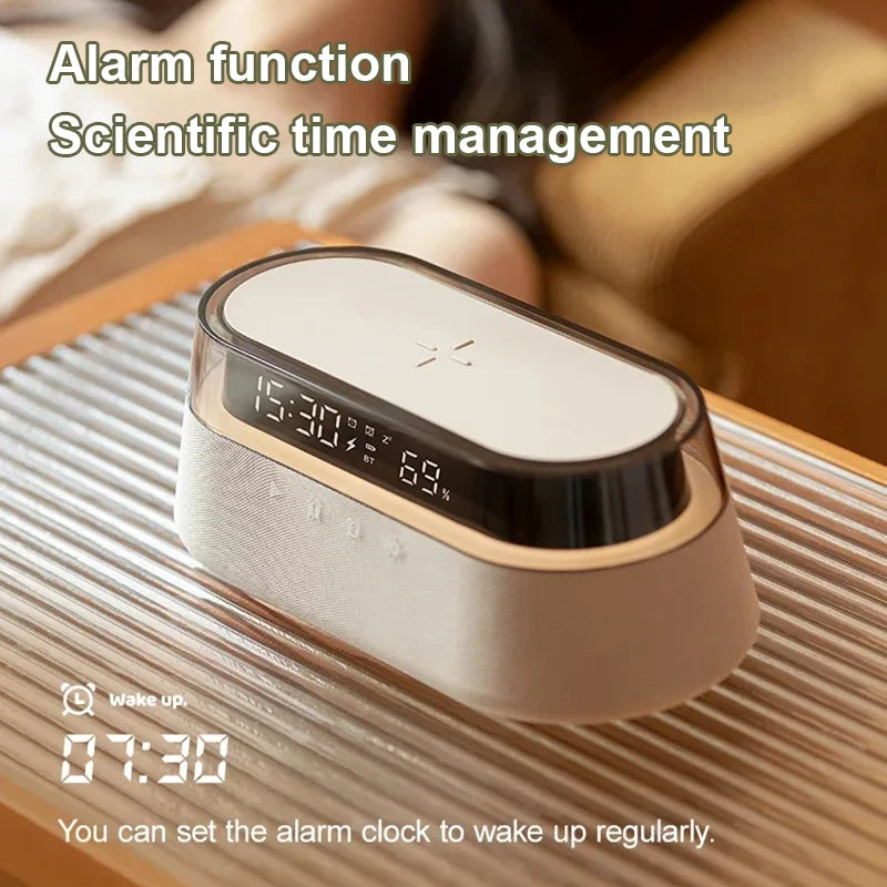 6-in-1 Smart Alarm Clock - 15W Wireless Charger, Bluetooth Speaker, FM Radio, Dual Alarm, USB Charger & RGB Night Light