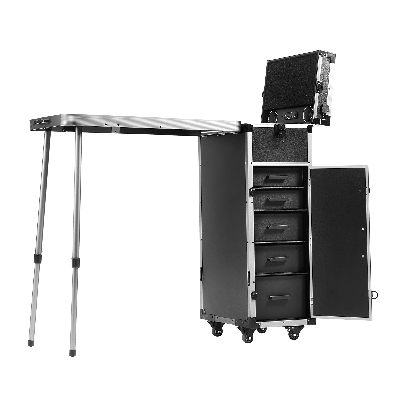 SucceBuy Professional Makeup Train Case Aluminum Cosmetic Case Workbench With Supporting Legs Rolling Makeup Case Extra Large