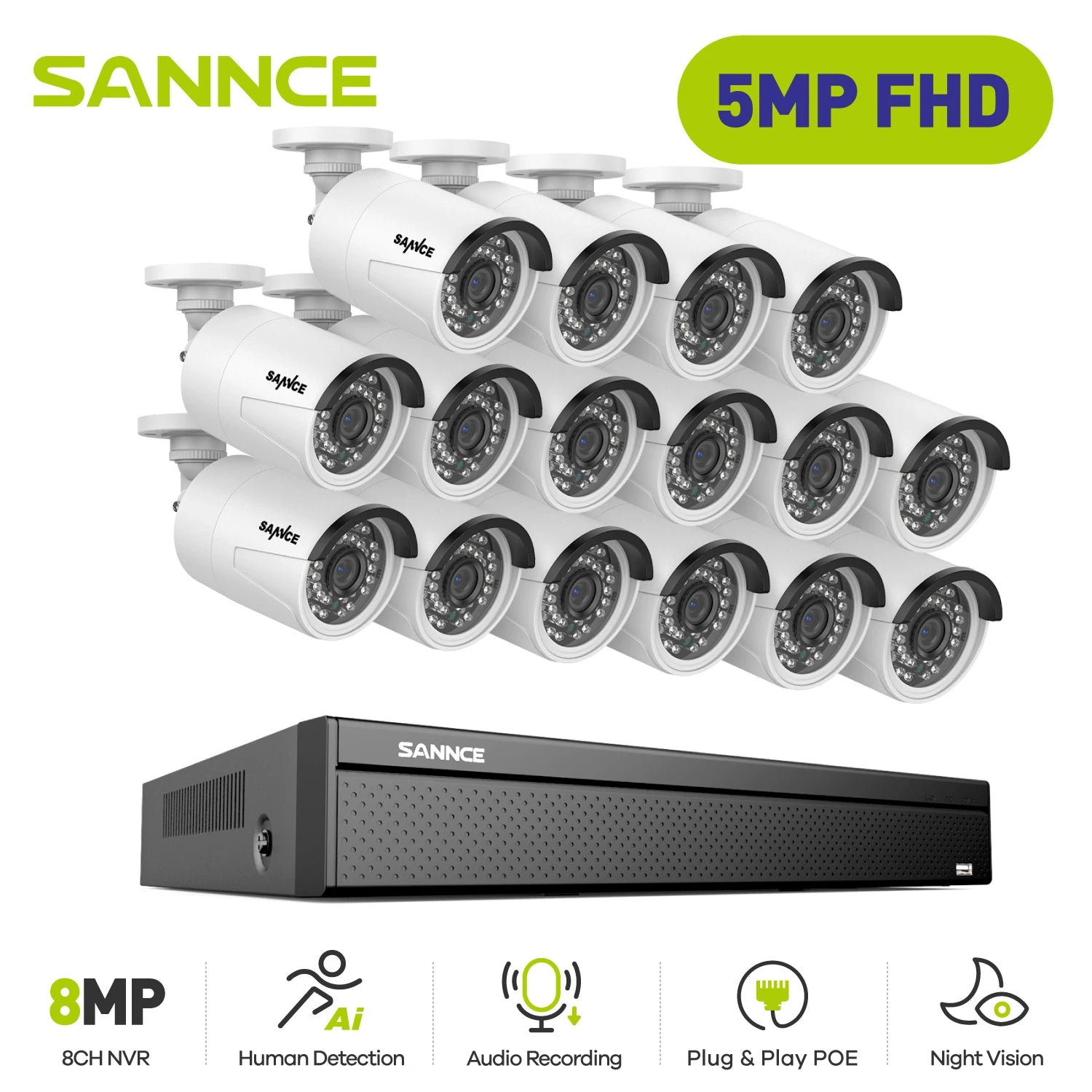 SANNCE 5MP PoE Security Camera System with 16CH NVR