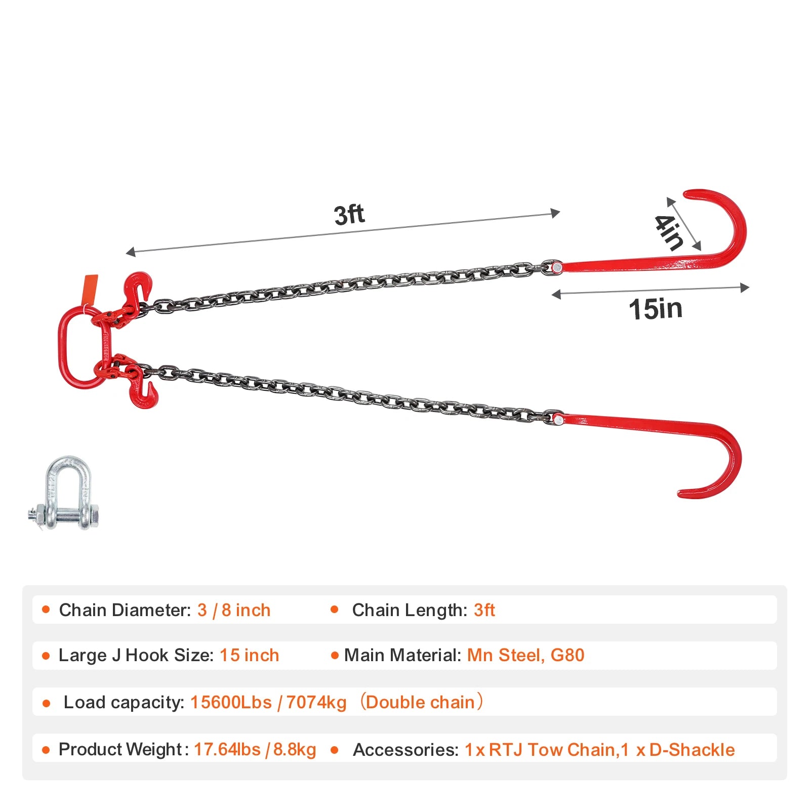 G80 V Bridle Tow Chain with J Hooks & Grab Hooks 15600 lbs