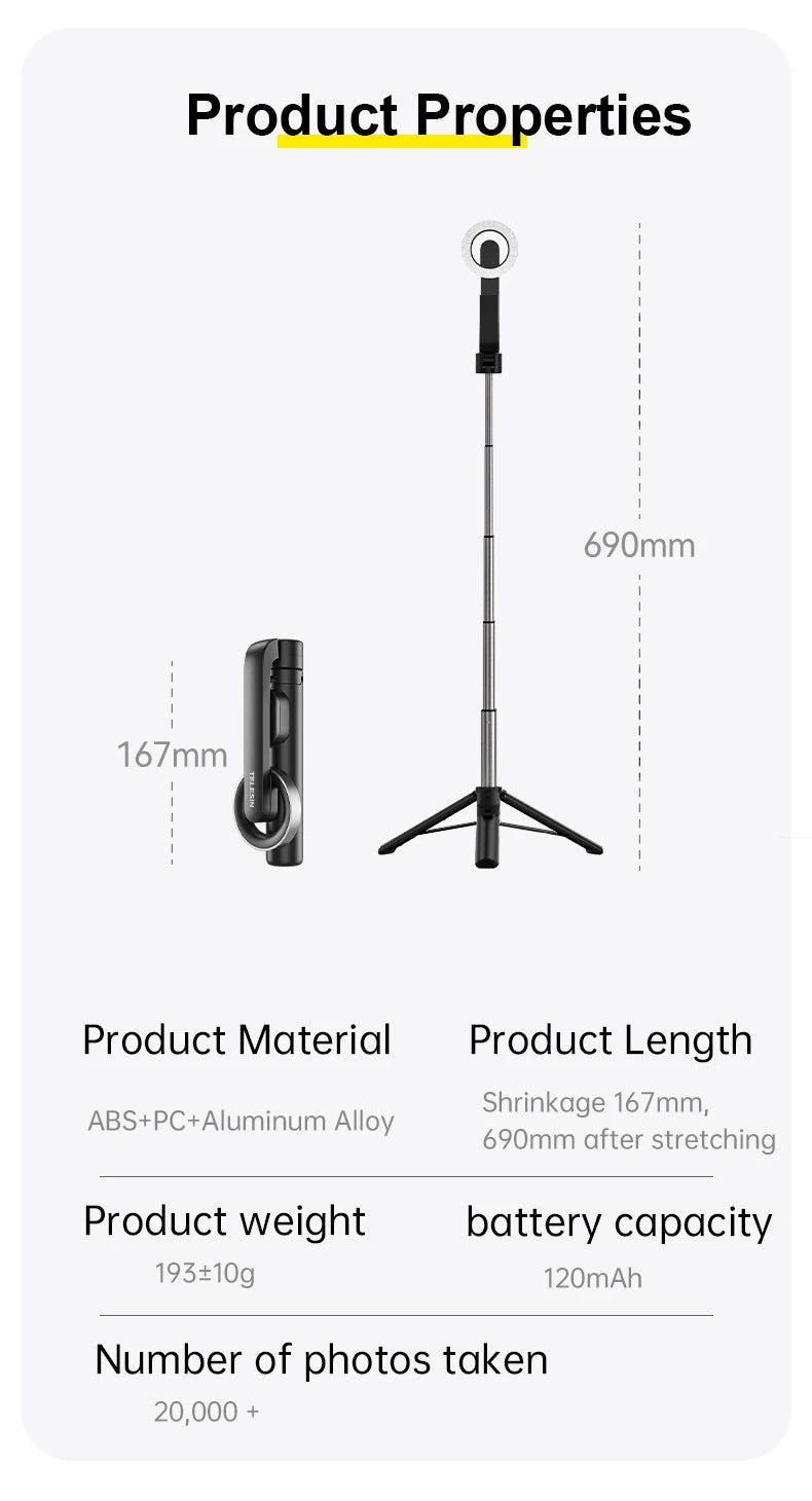 TELESIN Magnetic Selfie Stick Tripod with Remote For Cellphone For iPhone 16 15 14 13 12 Pro Max For HUAWEI XIAOMI SAMSUNG