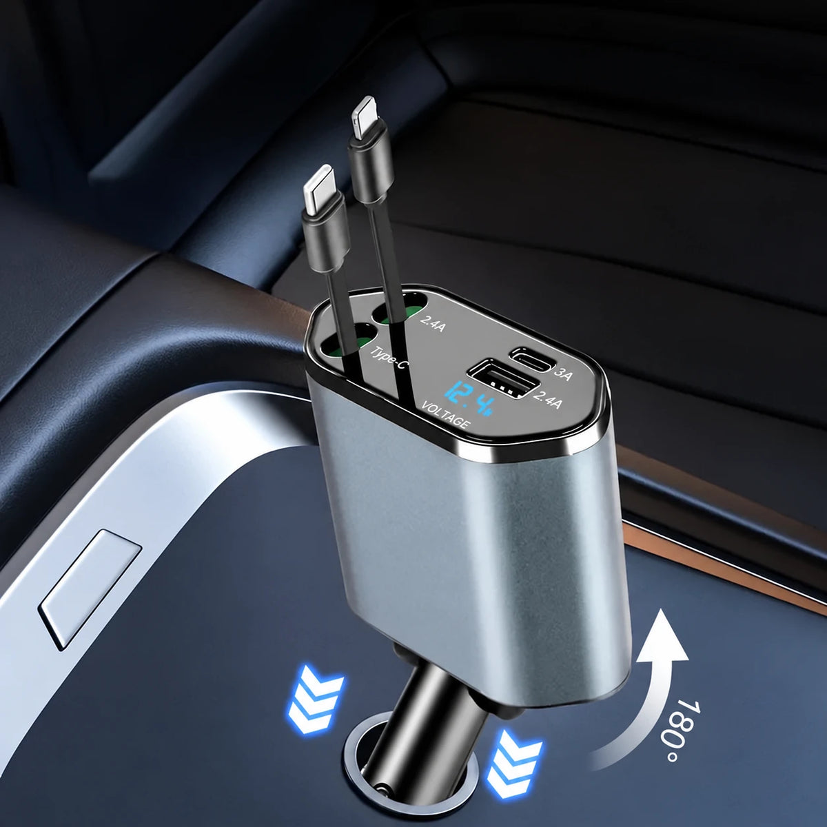 Chargeur de voiture rétractable 4-en-1 avec prise réglable