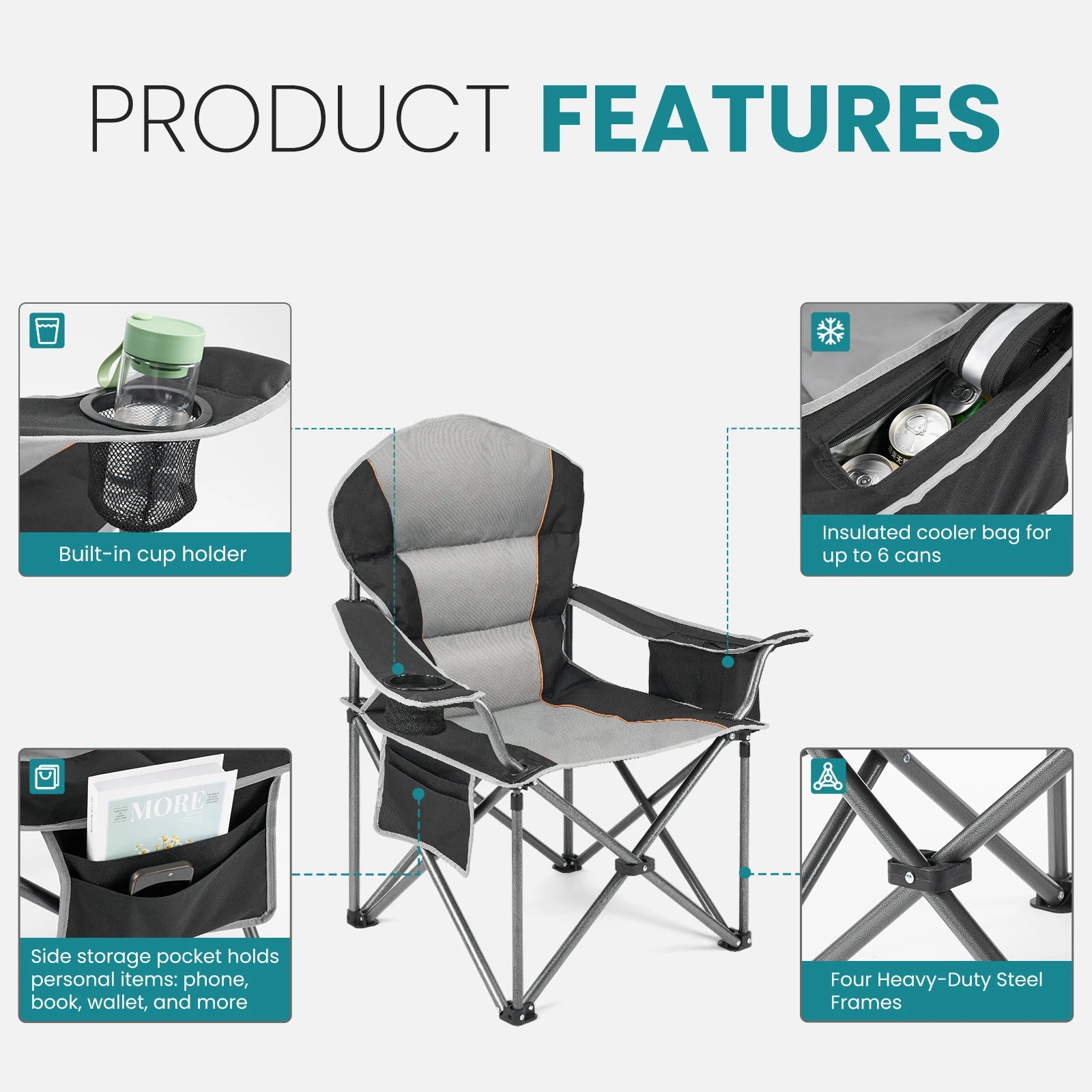 Chaise de camping robuste JHK capacité 450 lbs, chaise pliante portable avec porte-gobelet, cadre en acier solide, chaise d'extérieur pour camping