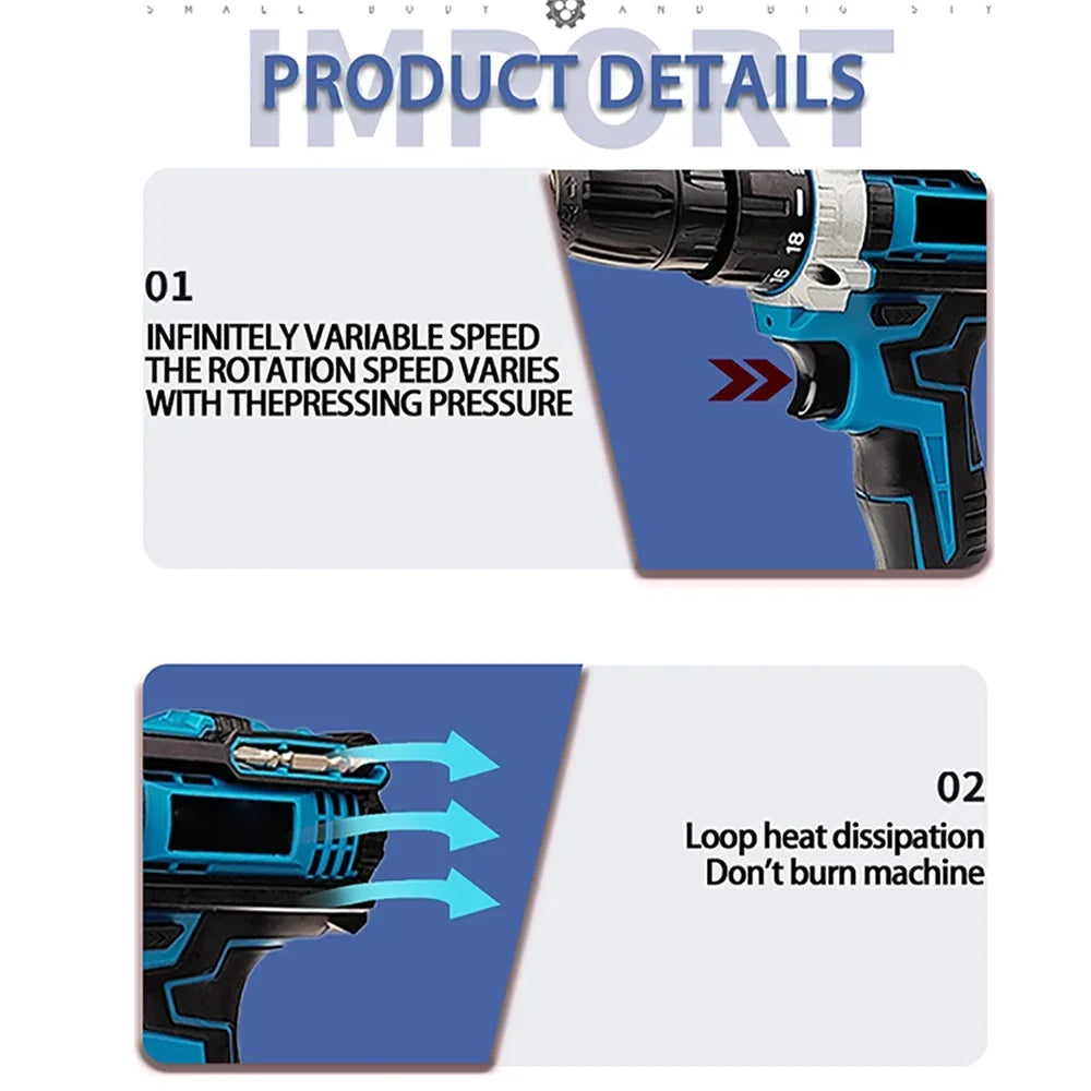 21V Cordless Impact Drill Screwdriver with High-Speed Brushless Power