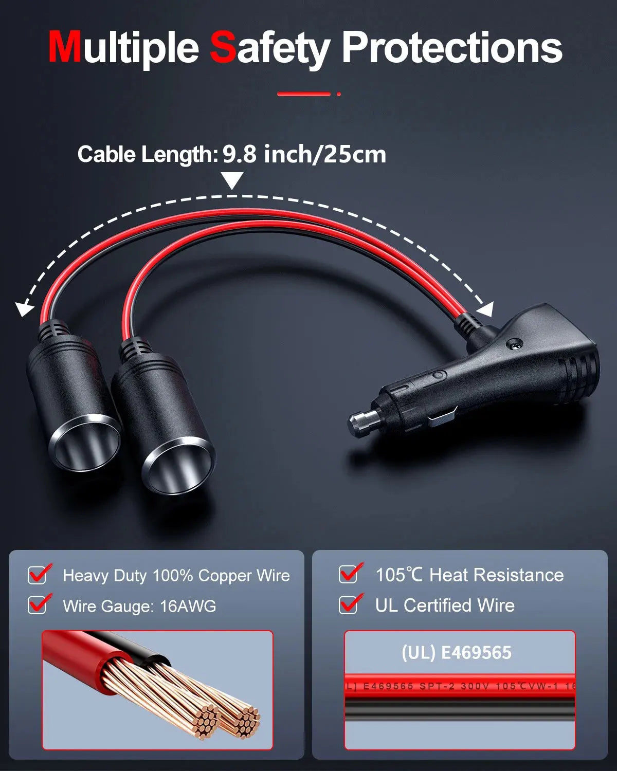 12V 24V 1 to 2 Car Cigarette Lighter 16AWG 1 to 2 Car Cigarette Lighter Splitter Adapter Power Charger with 10A Fuses