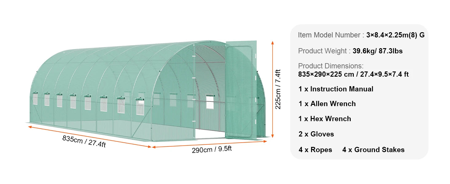 SucceBuy Loopgang Tunnelkas Hoekkas Tuinbouw Tunnel Plantenhuis met gegalvaniseerd stalen frame Drukdeur/scharnierdeur voor buitengebruik