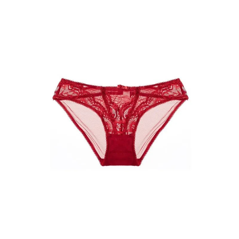 French Girl Lingerie Red Thin Hollowed Half Cup Bra Set Sexy Tushy Xmas Gift Her Desire Temptation Lace Hip Out Holiday Season