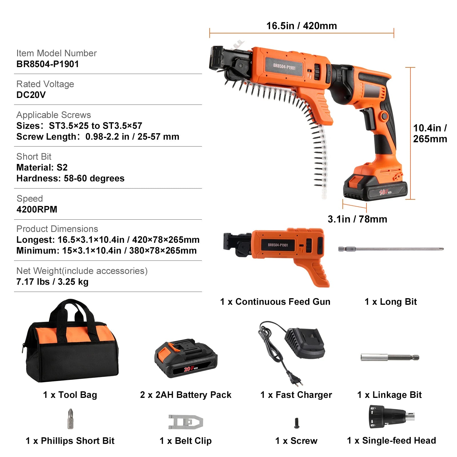 20V Cordless Drywall Screw Gun Kit 4200RPM Brushless with LED