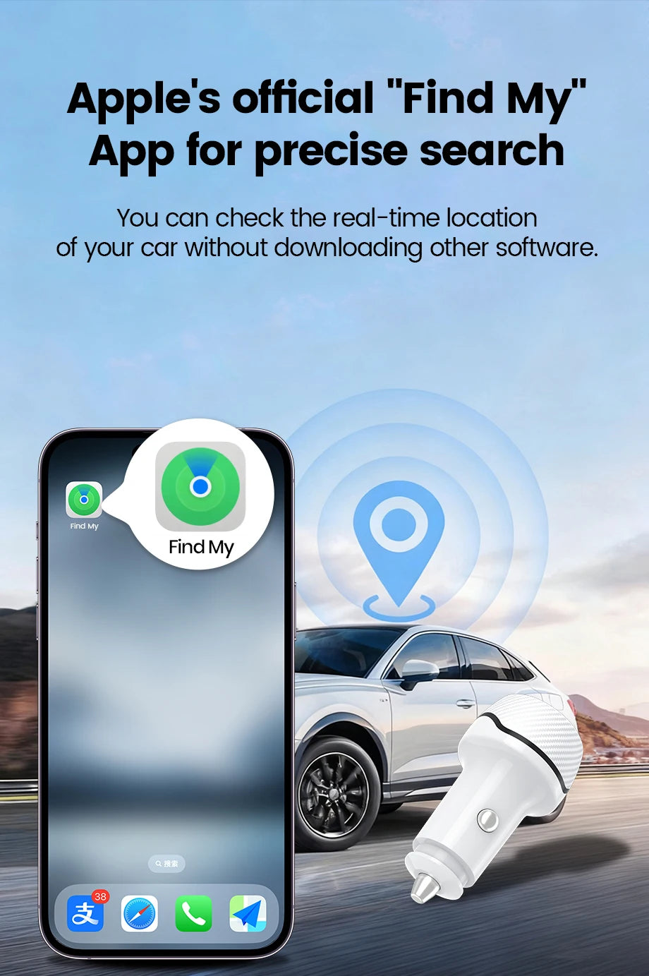 2in1 Car Charger GPS Tracker, USB Type-C Phone Fast Charging with Find My App for iOS & Android Google Find My
