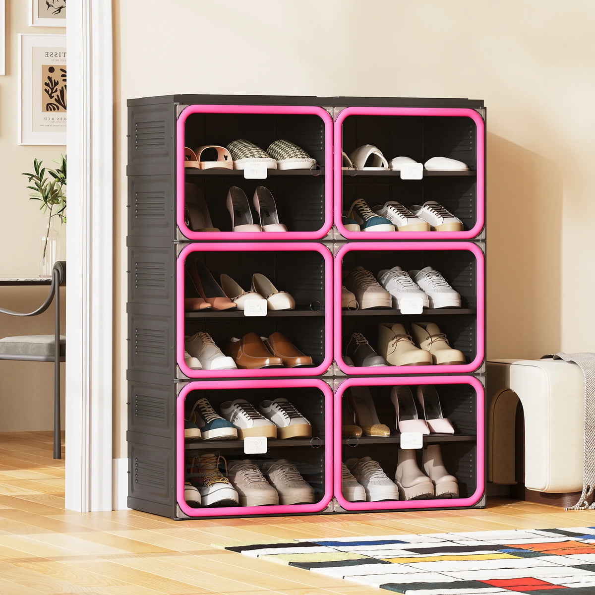Νarrow Shoe Cabinet Folding Shoe Cabinet With Magnetic Door, Shoe Rack With 6 Doors And 12 Compartments, Shoe Cabinet, For 24 Pairs Of Shoes, 85 X 34 X 108 cm, Plastic Storage Cabinet, For Living Room, Bedroom, Hallway